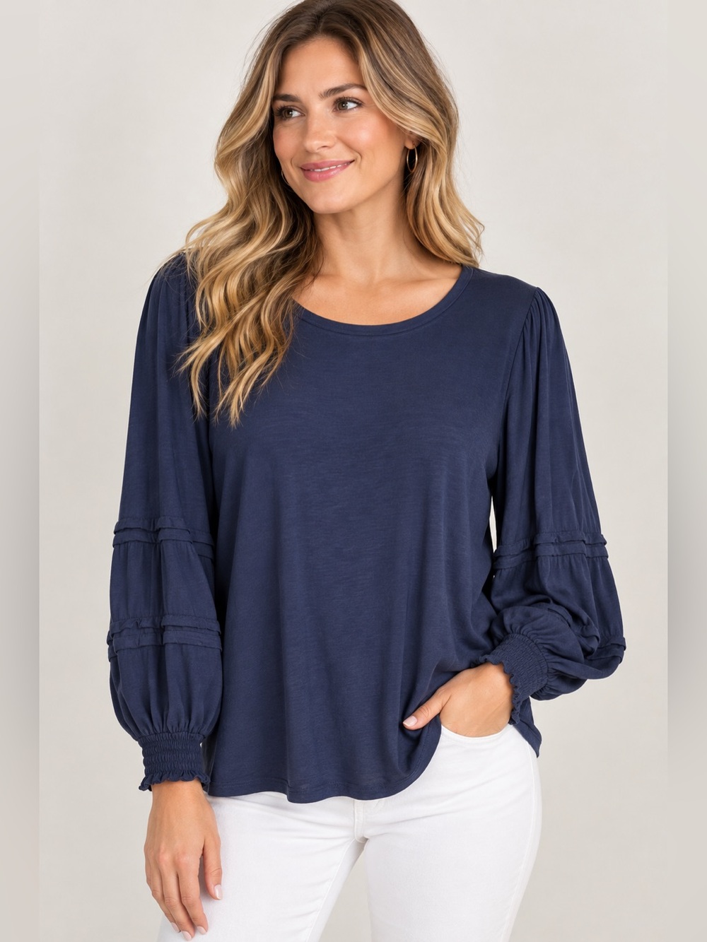 crown & ivy Navy Long-Sleeve Smocked Cuff Top